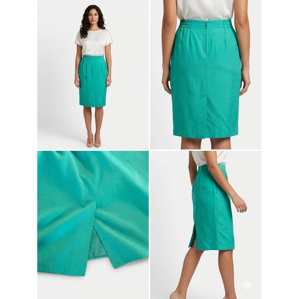 The Villager Signature Pencil Skirt Womens 20W Green Elastic Waistband Slit Back